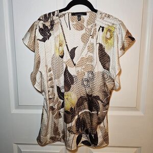 White House Black Market Silk Blouse Brown and Yellow Floral Print Medium